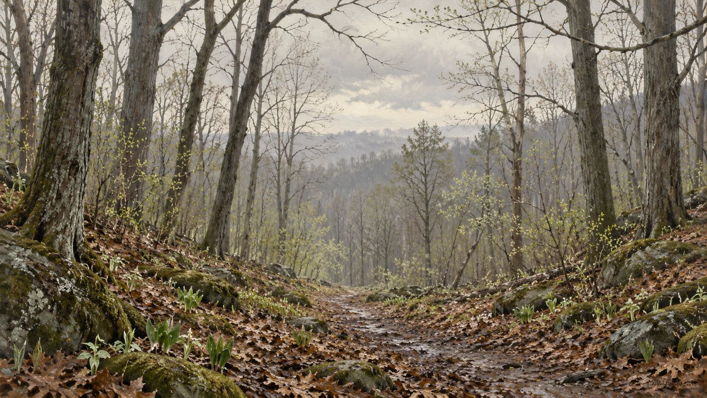 An American woodland in early spring, the trees budding but the forest floor unnaturally quiet, no birdsong suggested by the stillness of the scene