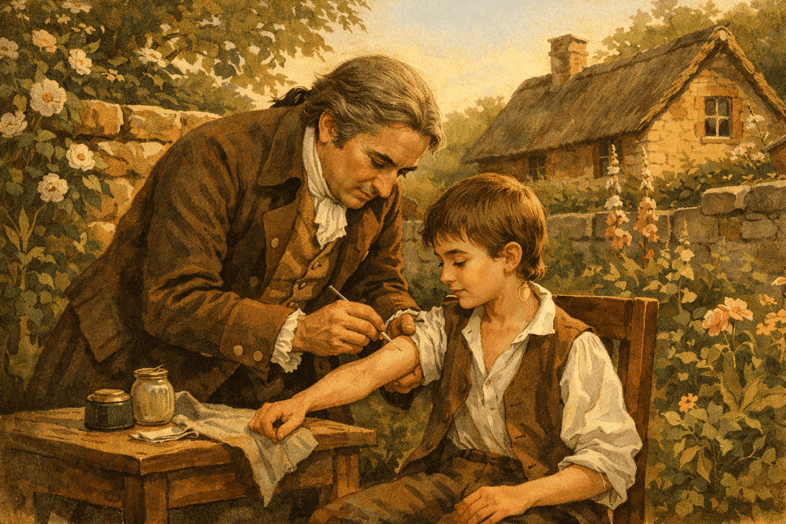An 18th-century English country physician conducting a careful medical procedure on a young boy in a garden setting