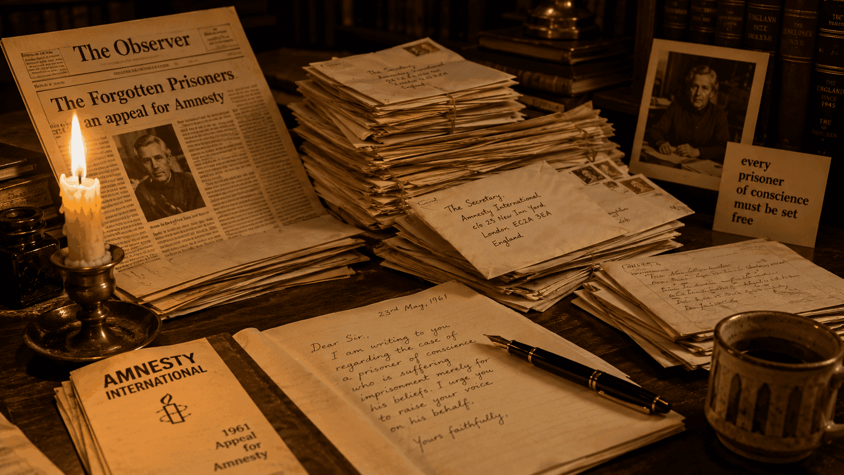 A stack of handwritten letters and envelopes on a wooden desk beside a burning candle representing the Amnesty International letter-writing campaigns