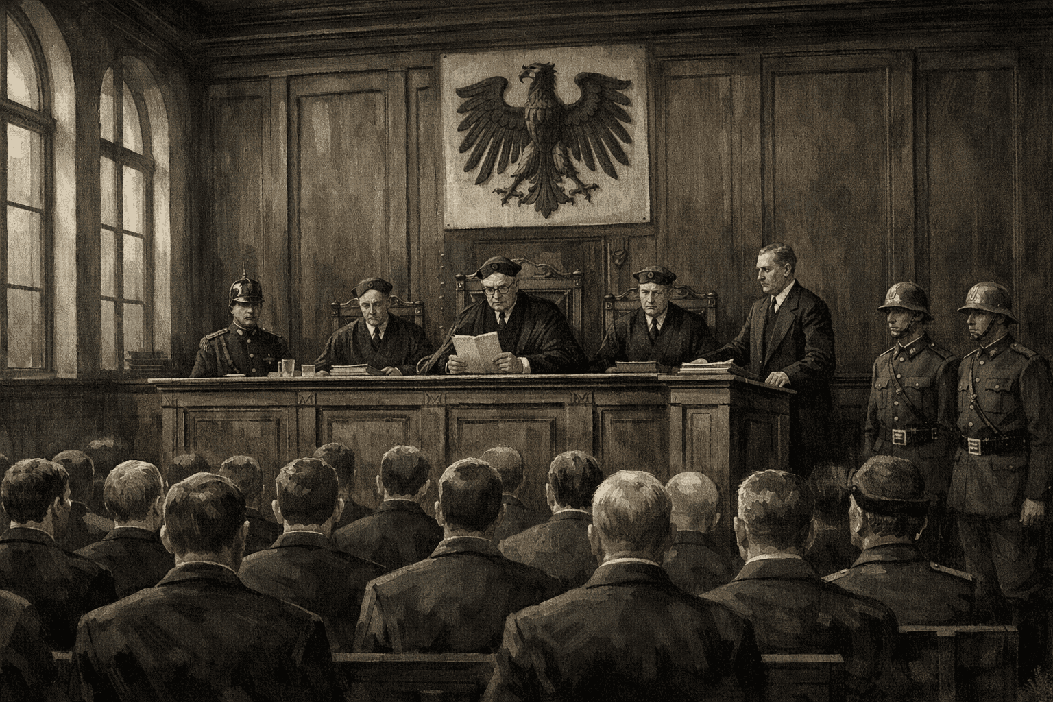 A formal 1920s German courtroom with wood-paneled walls and suited figures gathered for a high-profile political trial