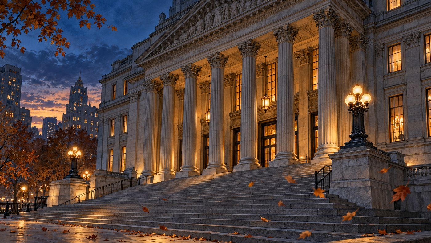 The columned facade of a federal courthouse in Manhattan at dusk, with warm light glowing from its tall windows