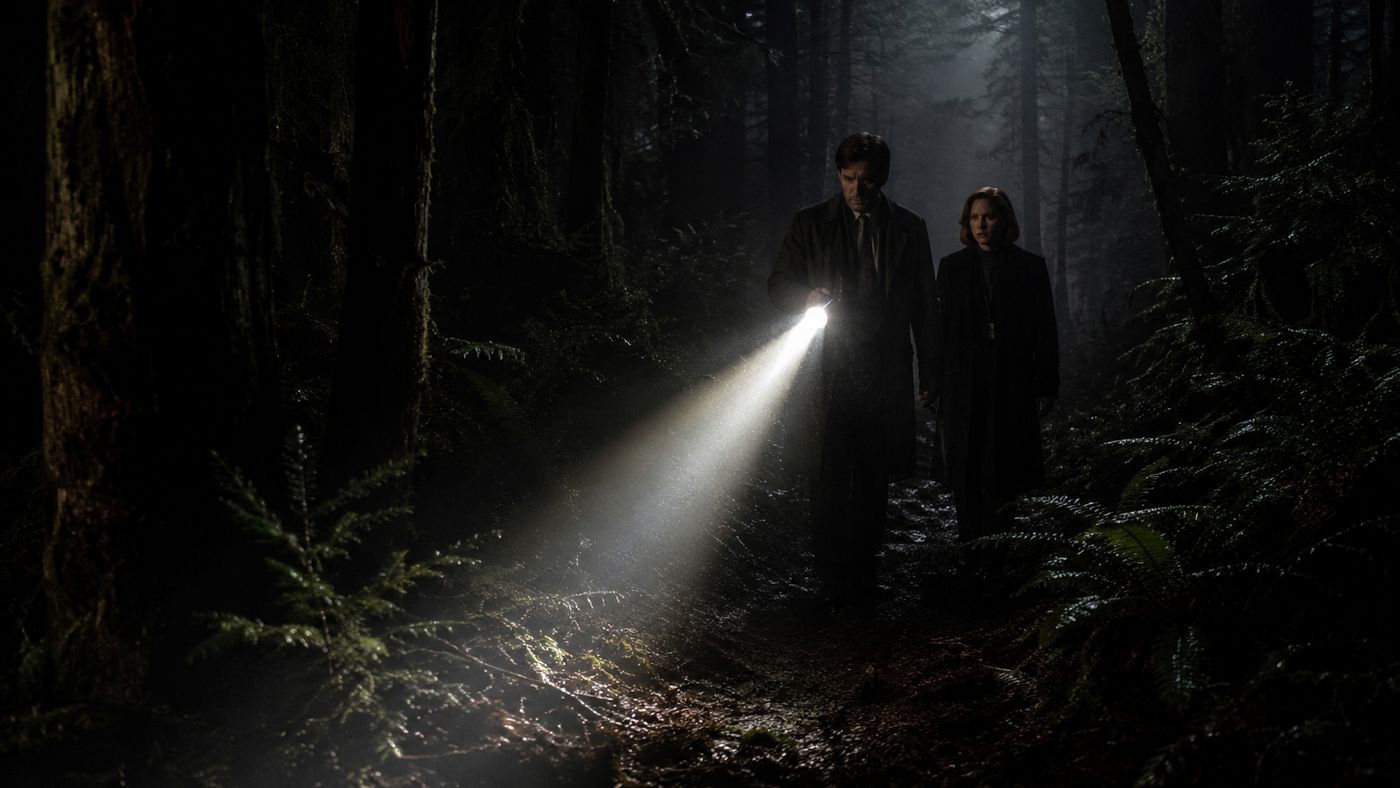 A dark forest at night lit by a single flashlight beam, the trees dense and mysterious, the setting evoking the atmospheric tension of a 1990s supernatural thriller