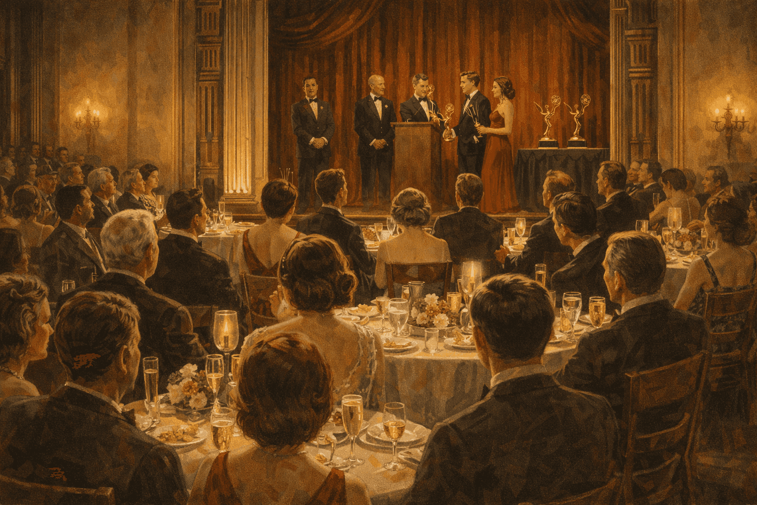 The first Emmy Awards ceremony in 1949 at the Hollywood Athletic Club with attendees in formal evening wear