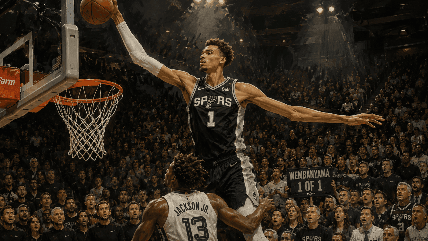 A towering basketball player rises above defenders in a packed arena, silhouetted against the lights