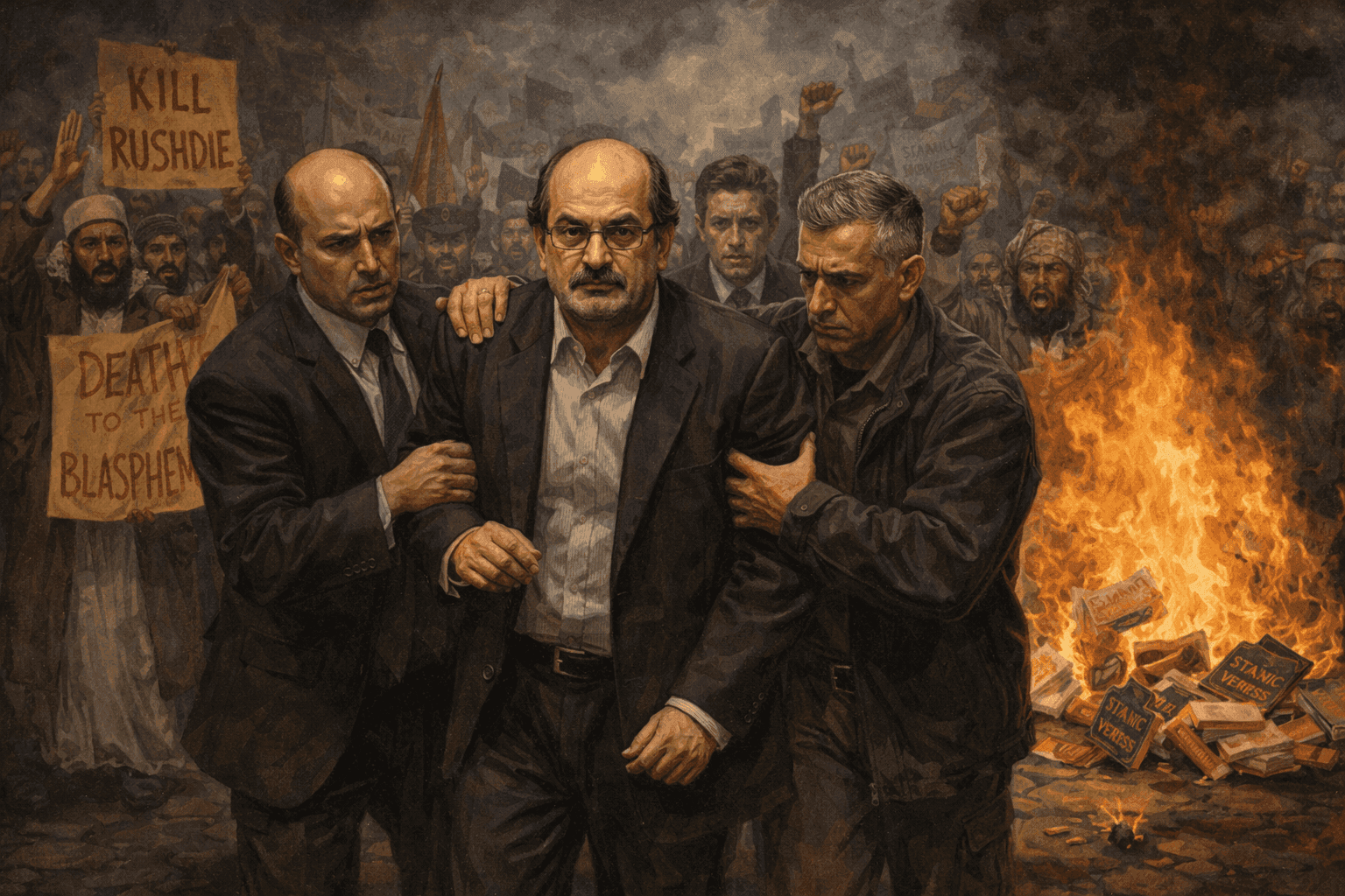Salman Rushdie in hiding surrounded by security with protests against The Satanic Verses visible in background imagery