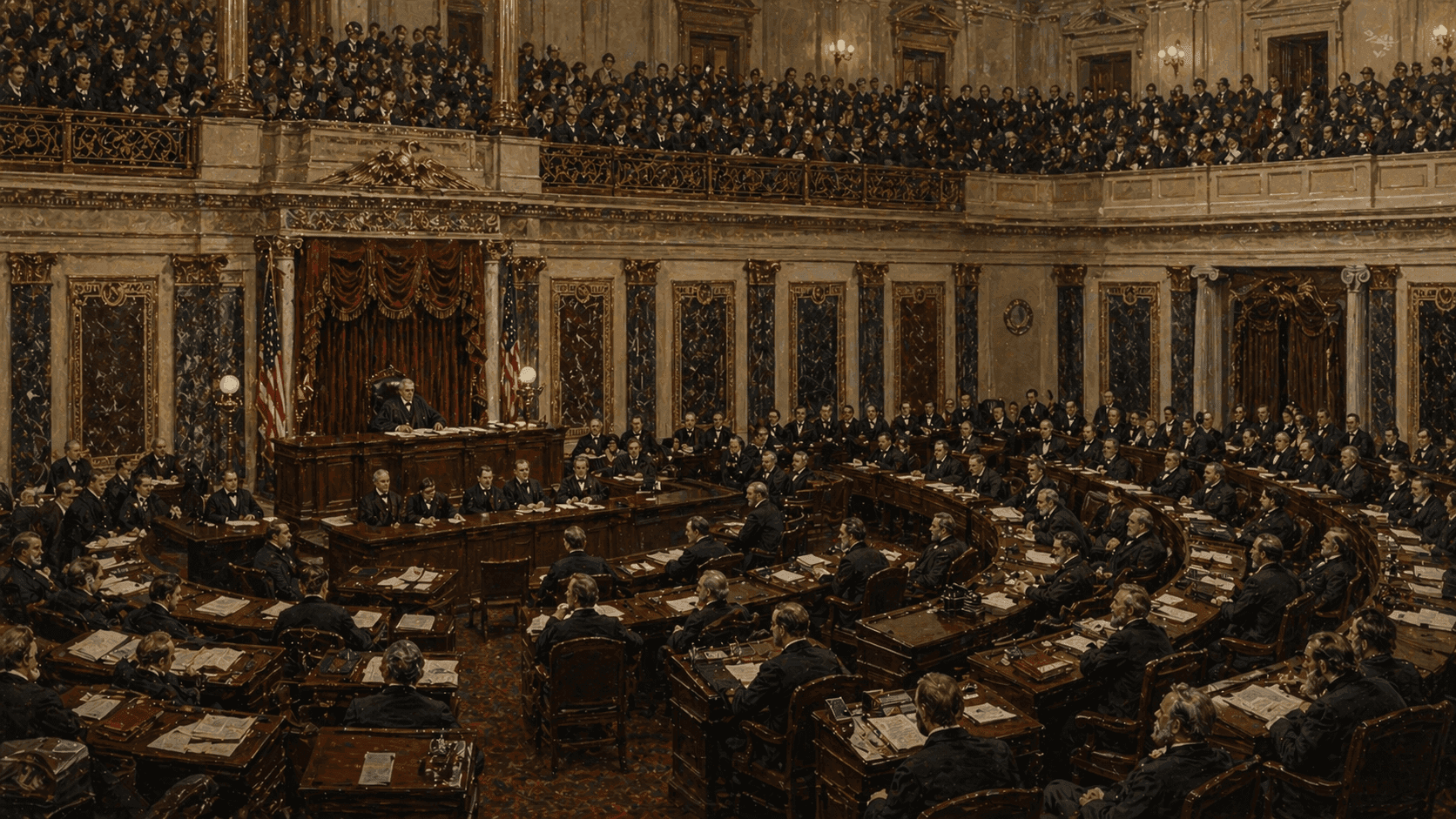 The United States Senate chamber in 1868 with senators seated at their desks during a formal proceeding