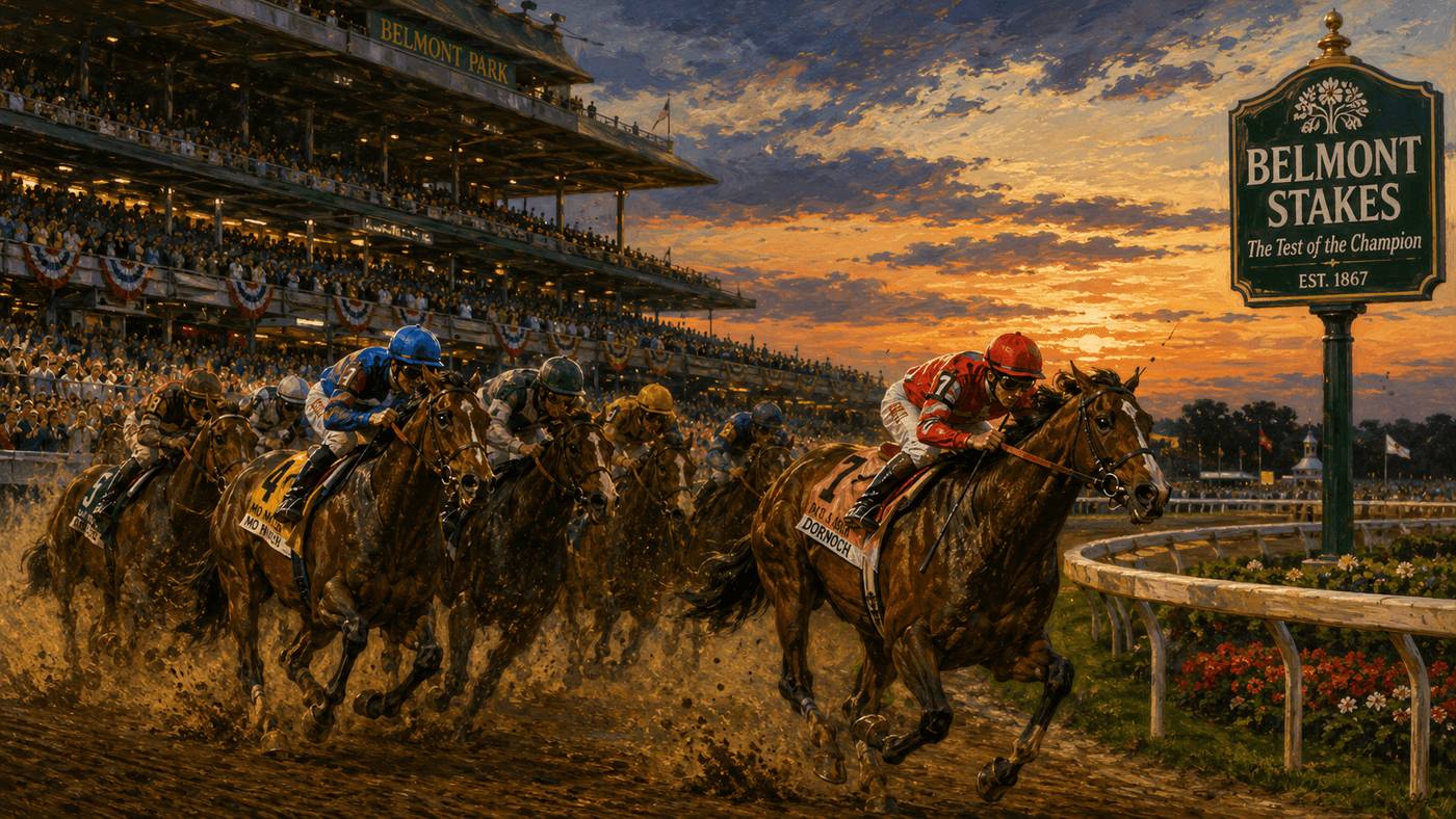 Thoroughbred horses thundering around the final turn at Saratoga Race Course during the Belmont Stakes