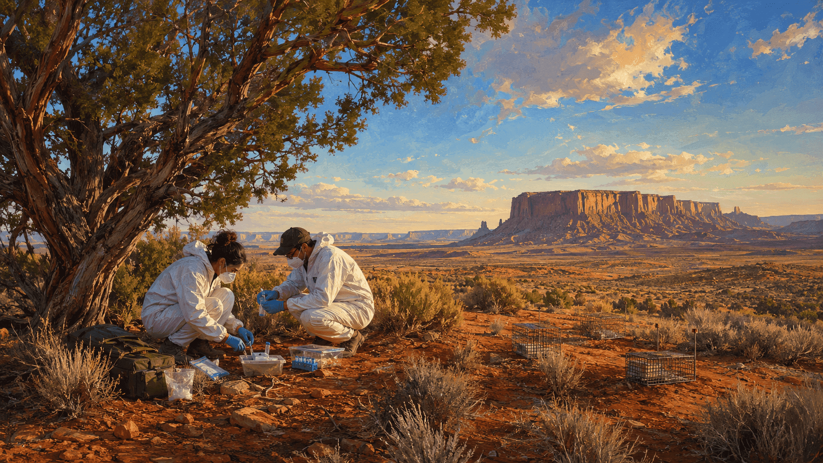 Medical researchers in protective gear conducting fieldwork in a desert landscape, evoking the 1993 Four Corners hantavirus investigation
