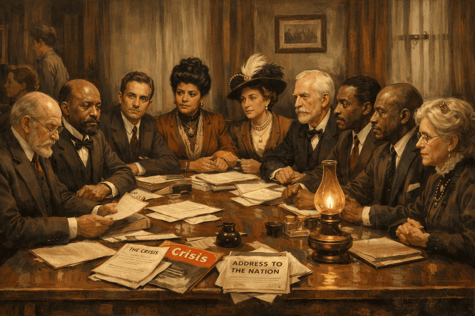 NAACP founders including W.E.B. Du Bois and other activists gathered at the founding meeting in 1909 New York with civil rights materials visible