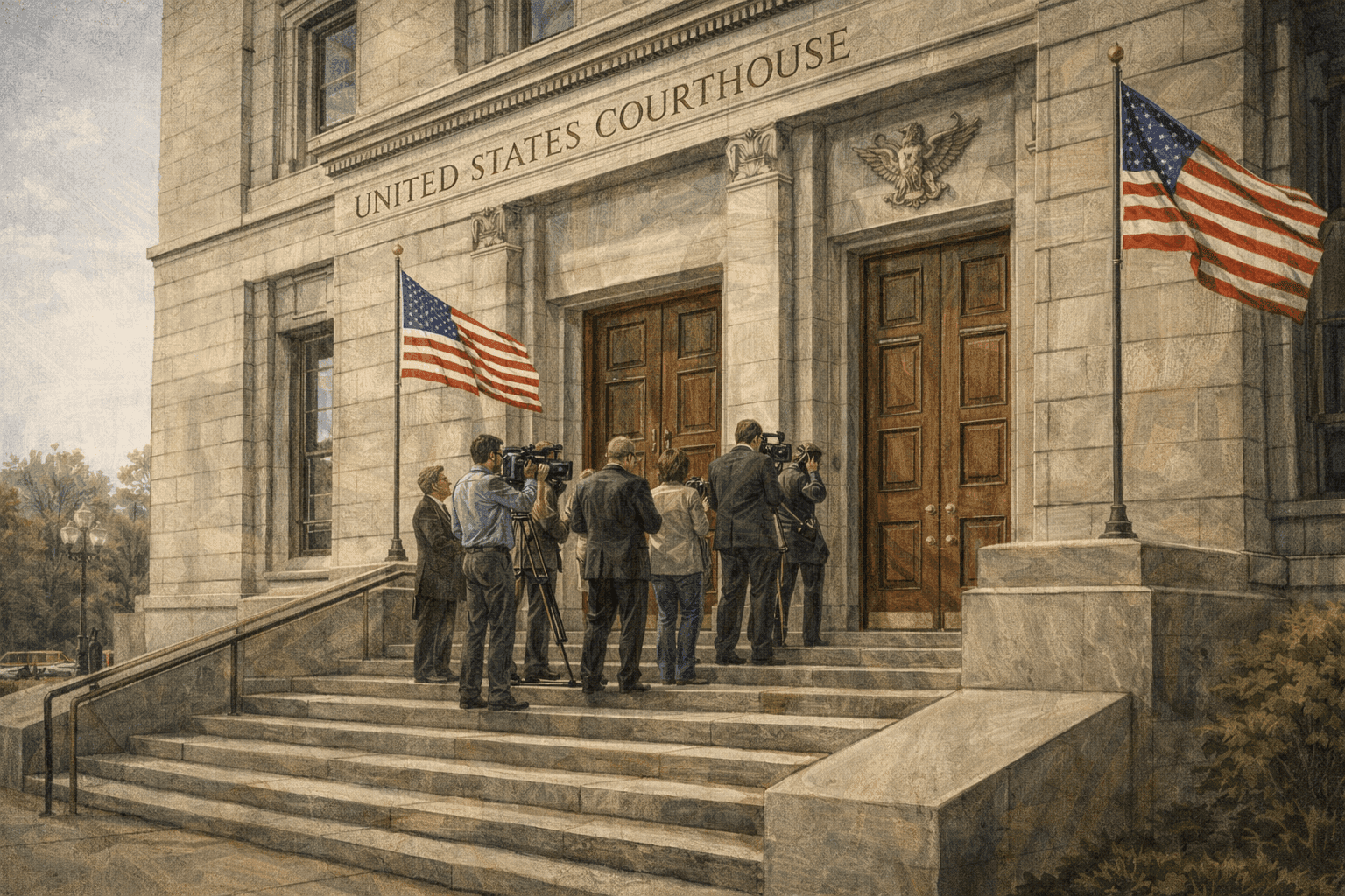 The exterior of a federal courthouse with stone steps and American flags on a clear day in the mid-1990s
