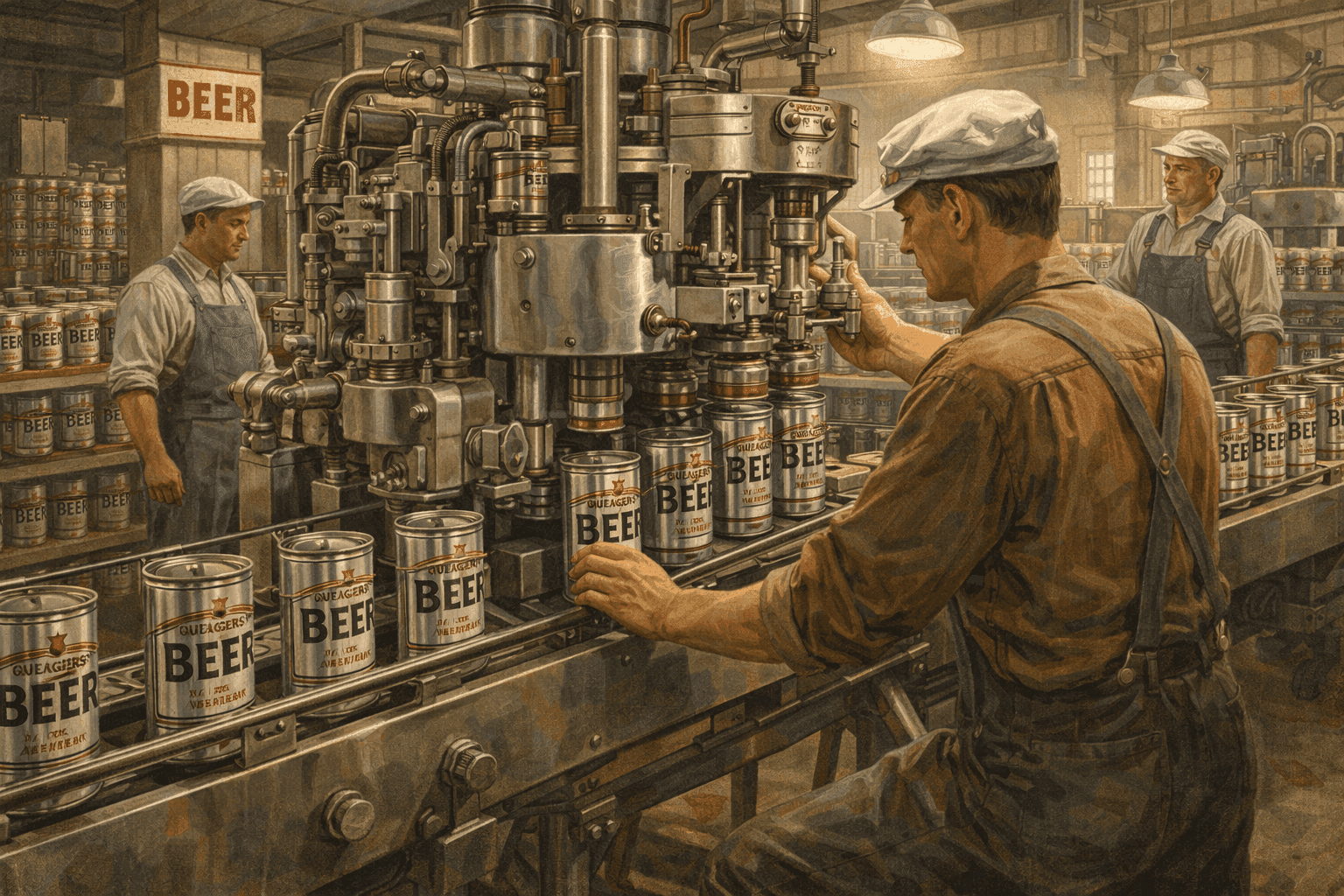 Vintage 1935 beer cans being filled on a production line with workers in period attire operating machinery