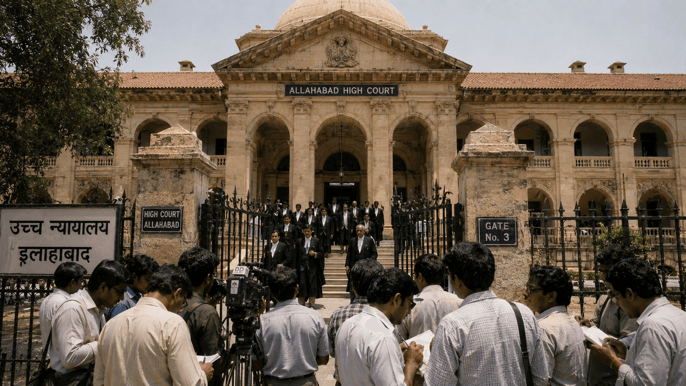The steps of the Allahabad High Court in India with lawyers in black robes and a crowd of journalists gathered outside