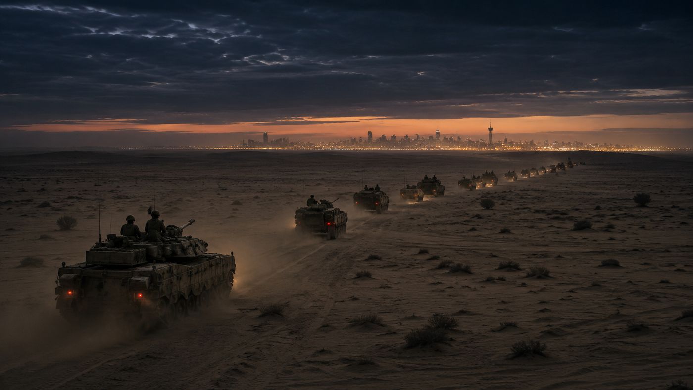 A desert landscape at dawn with military vehicles advancing across flat sand toward a city skyline visible on the horizon