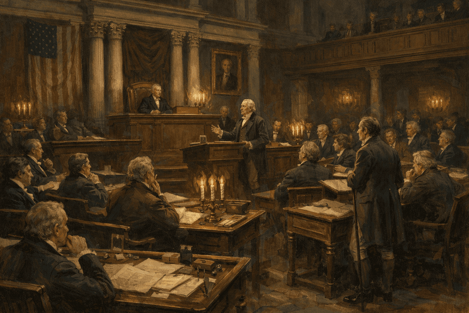 Historical illustration of early 19th century Congress chamber with legislators debating