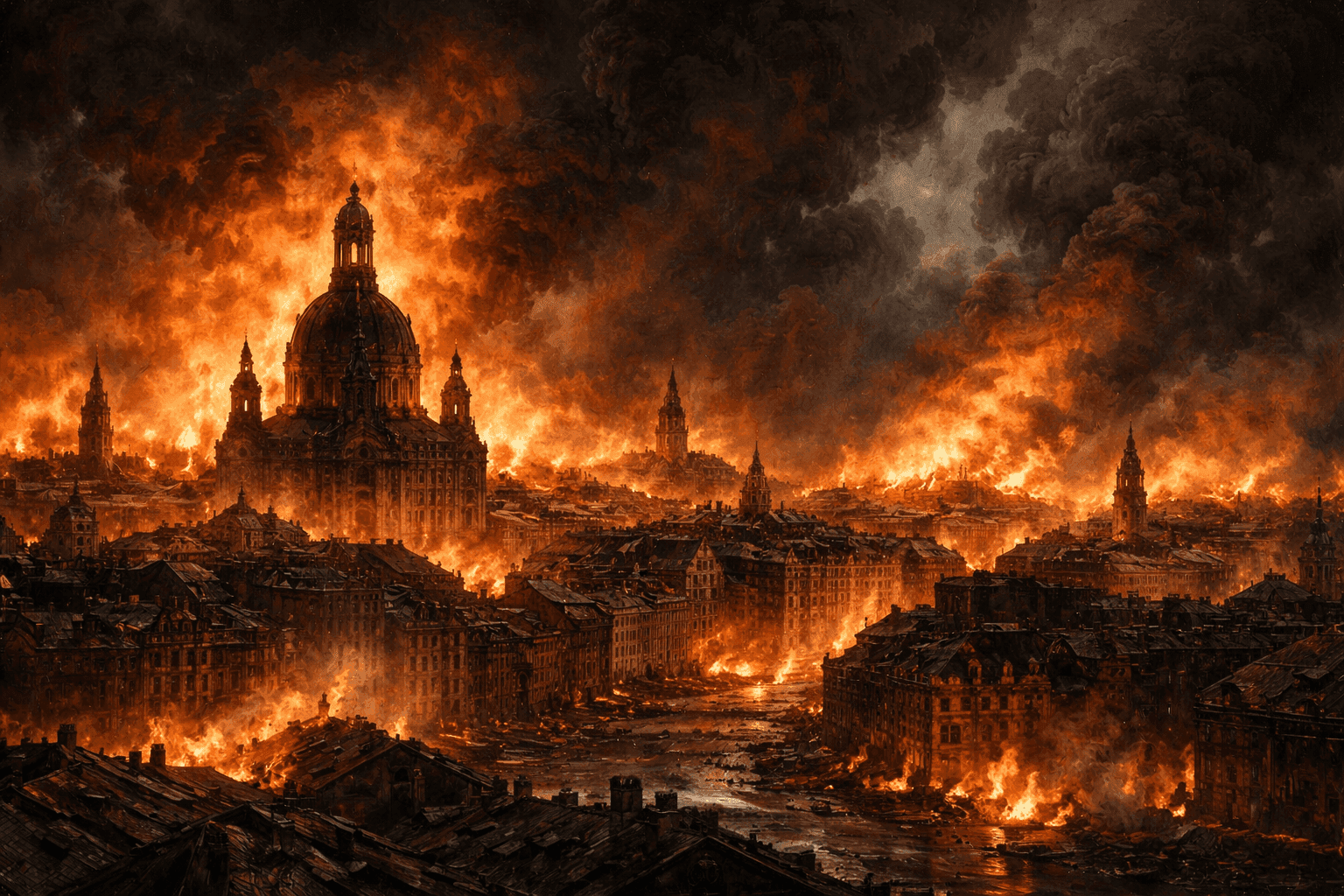 Dresden burning during the 1945 firebombing with the city skyline engulfed in flames and smoke visible across the horizon