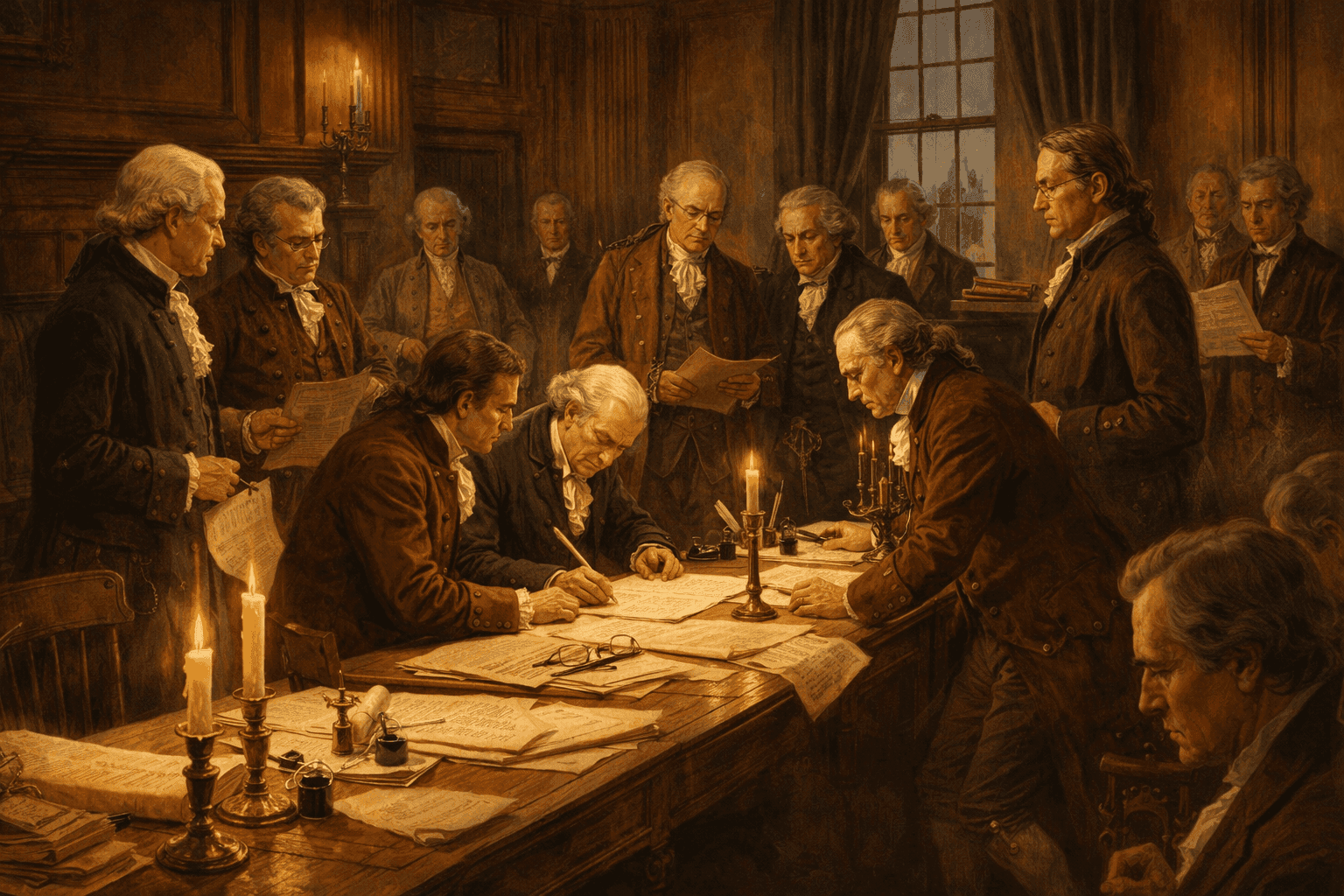 Historical illustration of colonial statesmen gathered in 18th century chamber signing documents