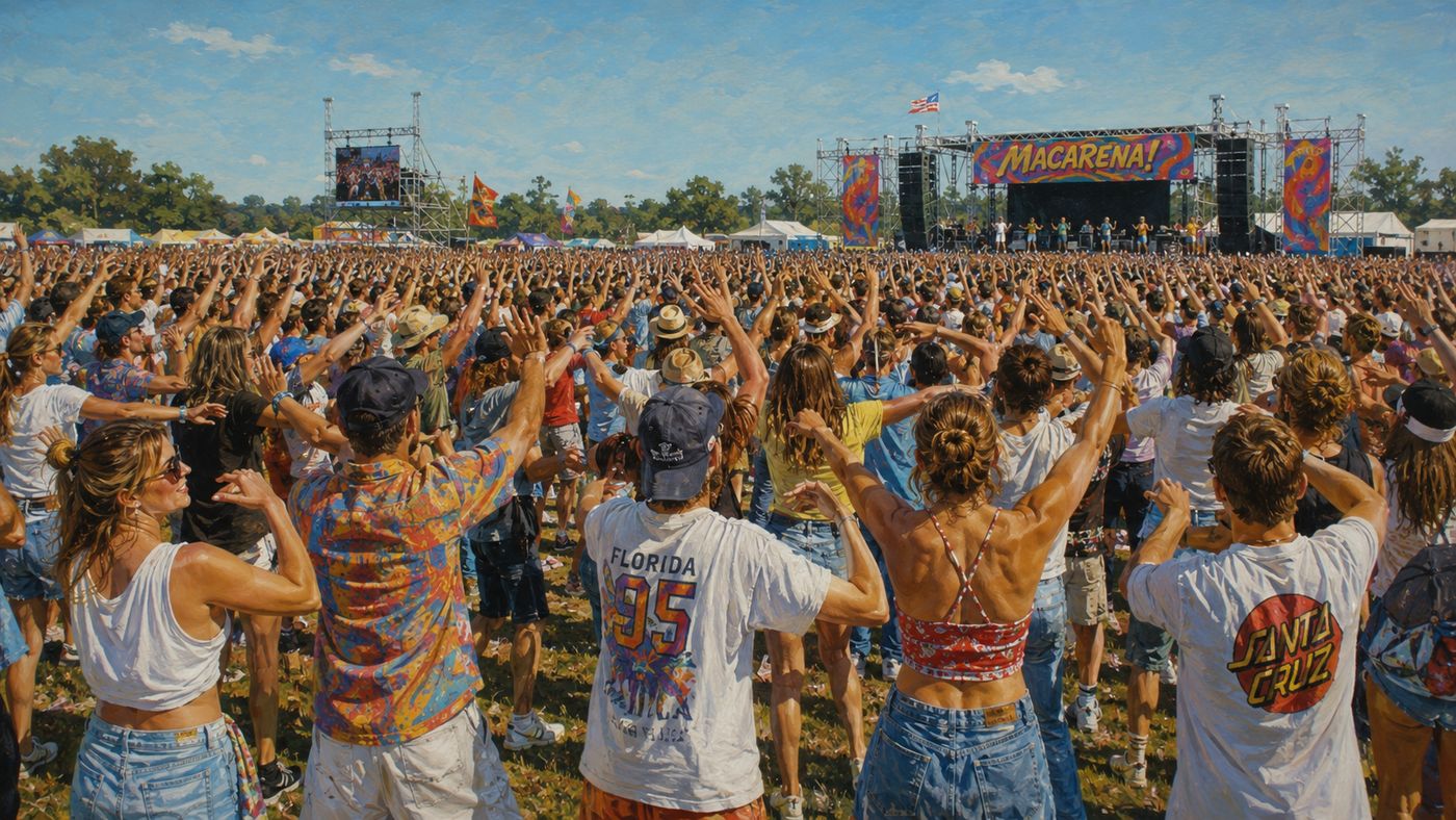 A packed outdoor summer concert in the mid-1990s, crowds of people on a festival lawn with their arms raised in the same synchronized gesture