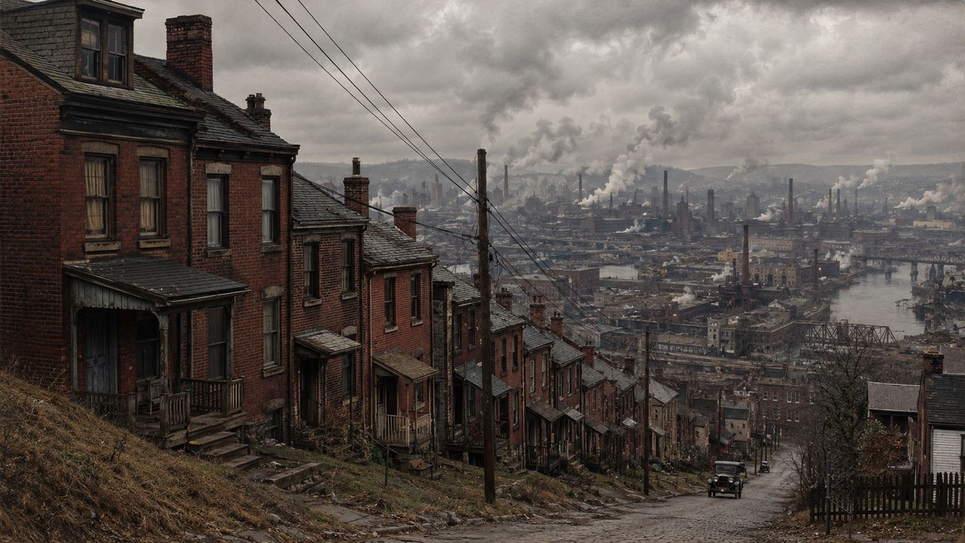 A modest early 20th century Pittsburgh row house on a hillside street, smoke from steel mills visible in the valley below under a gray industrial sky