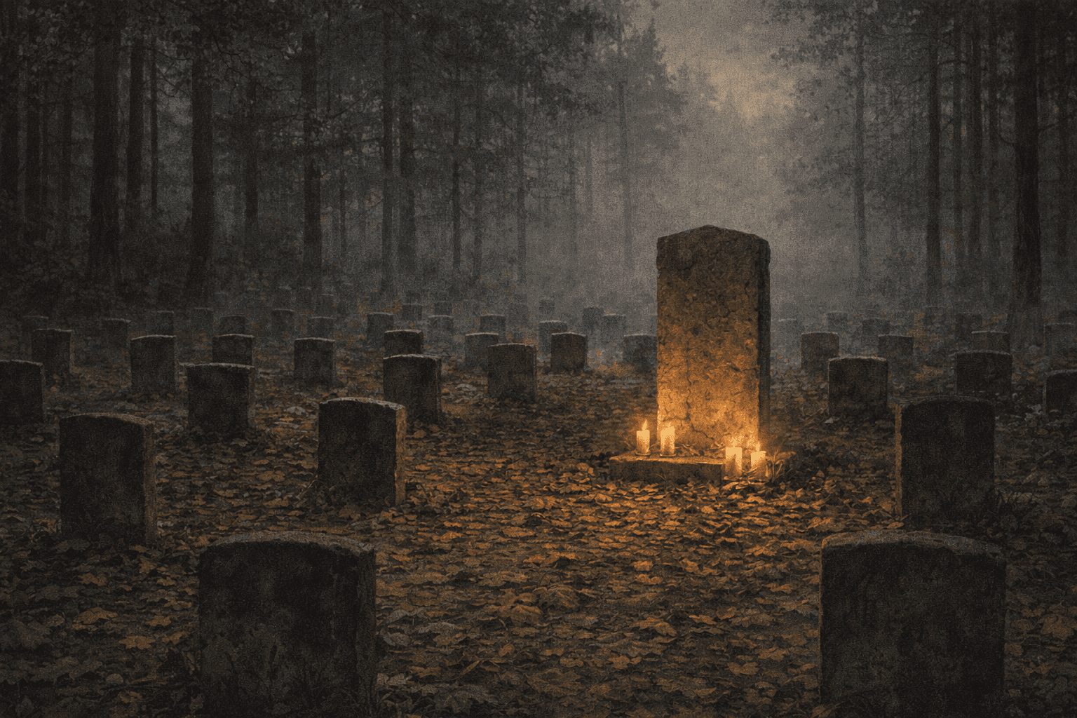 A somber memorial site with stone markers and lit candles in a forested Eastern European landscape