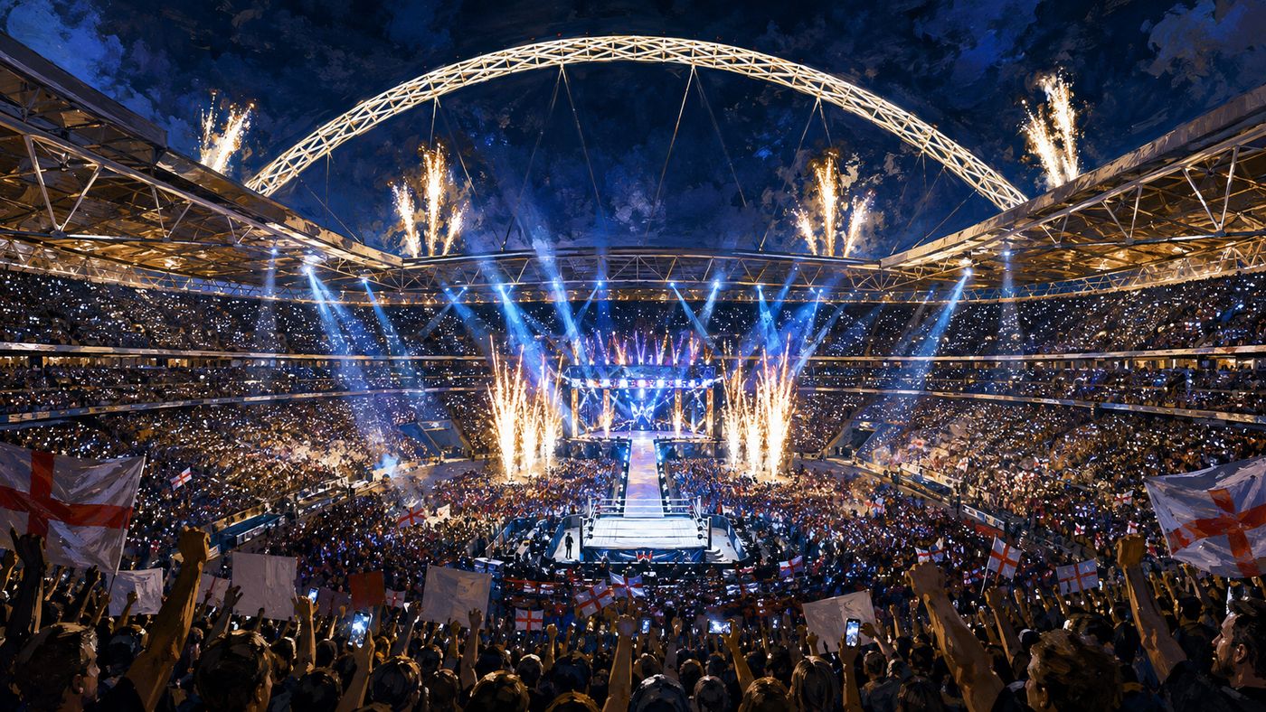 Wembley Stadium in London bathed in evening light, its distinctive arch visible above the packed stands as a professional wrestling ring sits at the center of the pitch