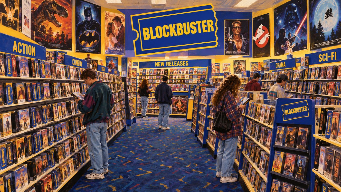 A painterly illustration of a Blockbuster video store interior in its 1990s prime — long rows of VHS tapes in blue and yellow cases on brightly lit shelves, movie posters covering the walls, a few customers browsing the new release wall at the front of the store
