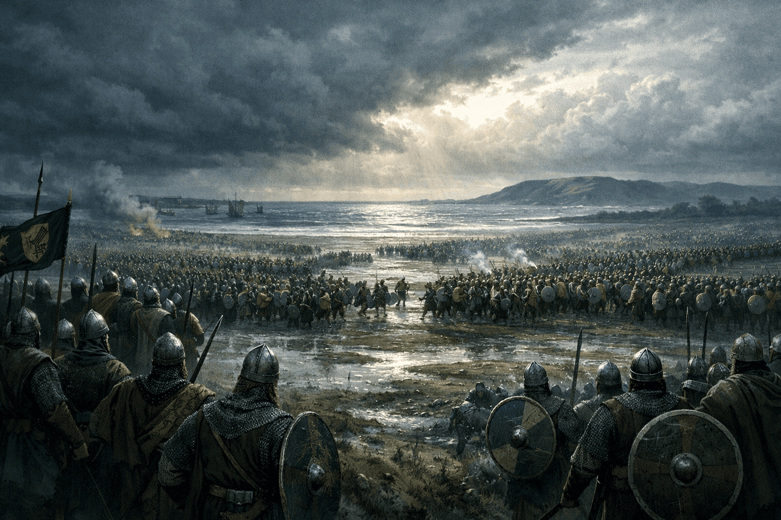 Medieval Irish warriors in battle formation on a dramatic coastal plain at dawn with the sea visible in the background