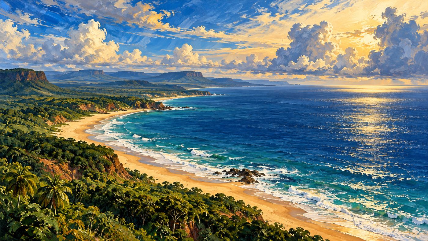 A sweeping painterly landscape of the Angolan coast — the Atlantic Ocean meeting a wide sandy beach, dense tropical vegetation behind, the vast African sky above, the landscape of a nation finding its own horizon after five centuries of colonial rule