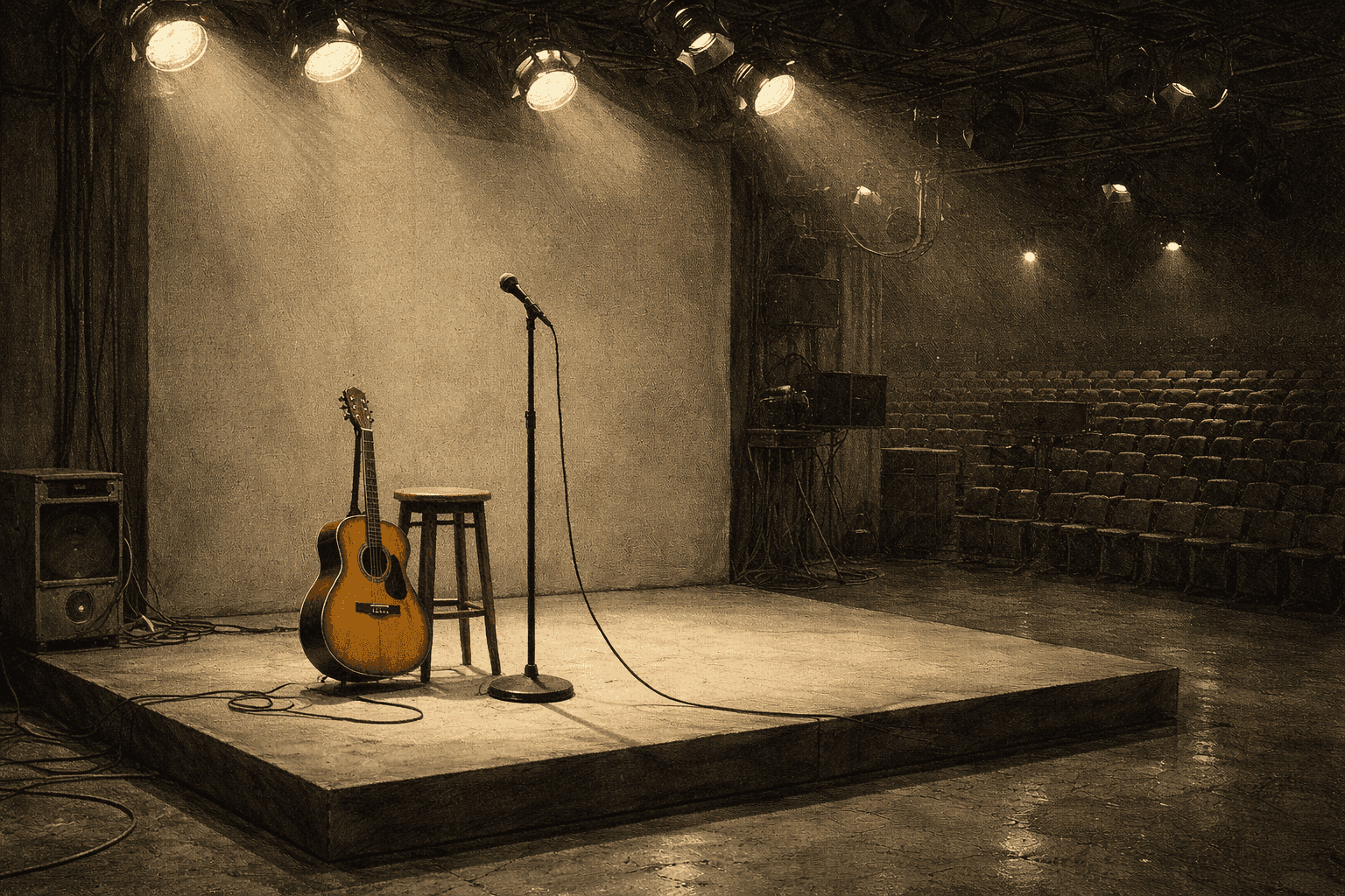 A young folk musician with an acoustic guitar in a 1960s television studio preparing to perform under bright stage lights