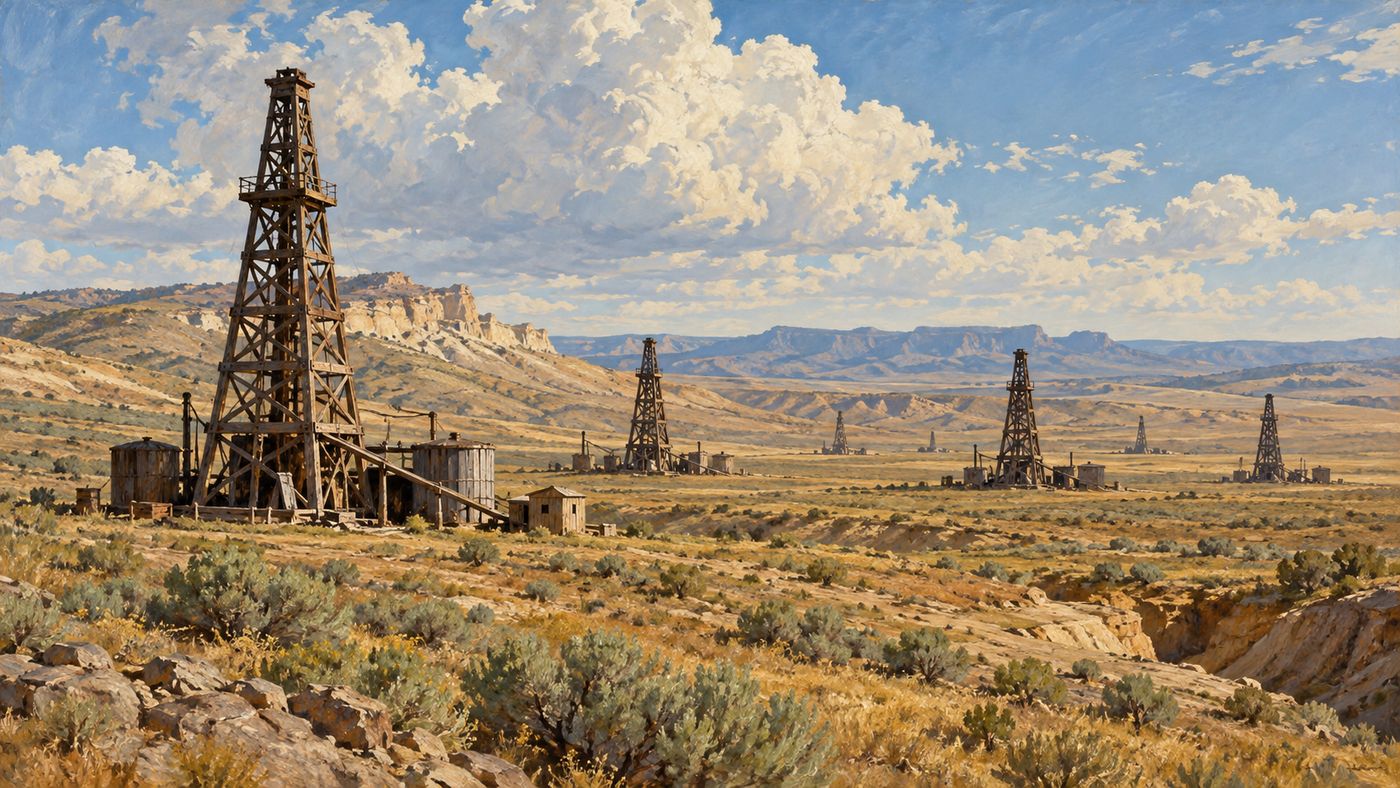 A painterly illustration of an early 20th-century American oil field in the Wyoming high desert — wooden derricks rising from the dry scrubland against a wide Western sky, the landscape arid and vast, the infrastructure of extraction dotting the horizon