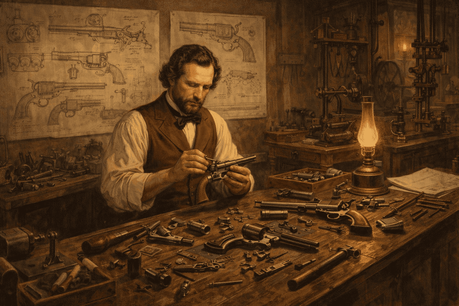 Historical illustration of Samuel Colt's workshop with mechanical diagrams and revolvers on workbench