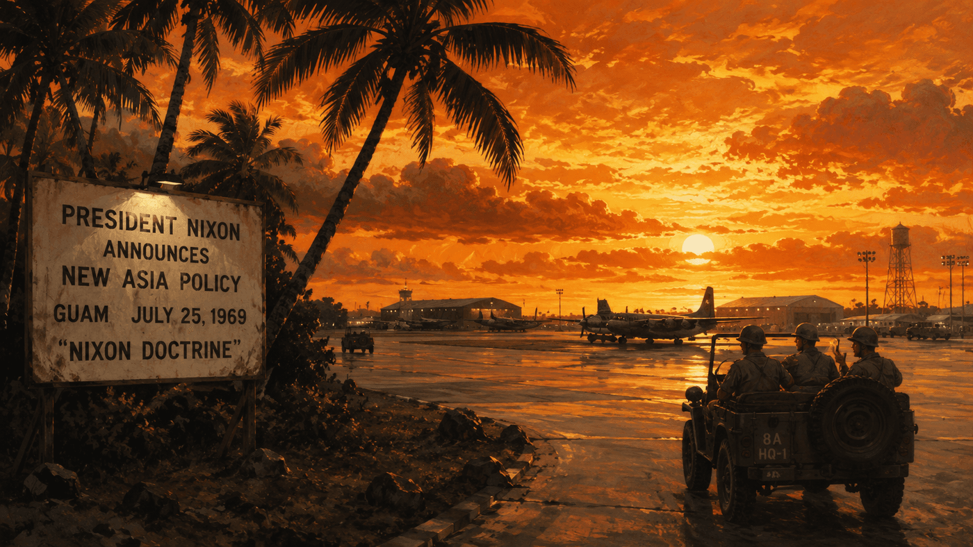 A Pacific island military base at dusk, palm trees silhouetted against a vivid orange sky, aircraft visible on a tarmac in the background