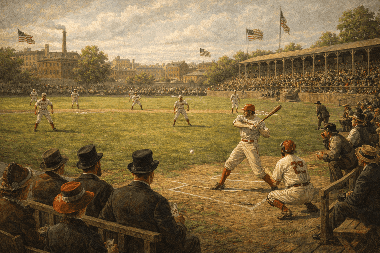 Historical illustration of 1860s baseball field with period spectators and urban landscape