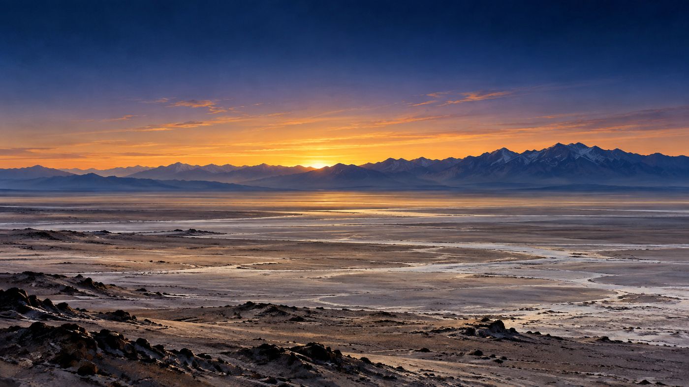 A painterly illustration of a vast Central Asian desert landscape at dawn — an immense flat basin of pale sand and salt flats stretching to distant mountains, the sky above moving from deep indigo to pale gold at the horizon, the terrain utterly empty and still