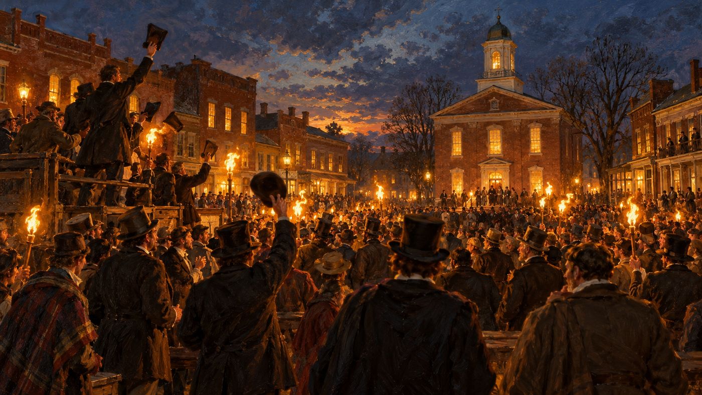 A painterly illustration of Springfield, Illinois in 1860 — a modest Midwestern city with brick storefronts and dirt streets, election night crowds gathering in the town square, torchlight illuminating the scene