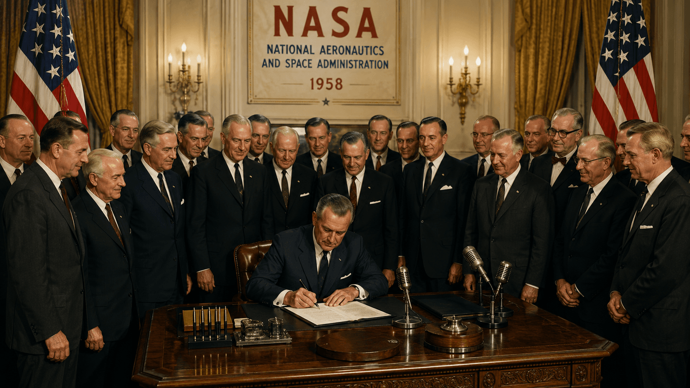 A 1950s government ceremonial signing room with officials gathered around a desk as a president signs legislation, American flags flanking the scene