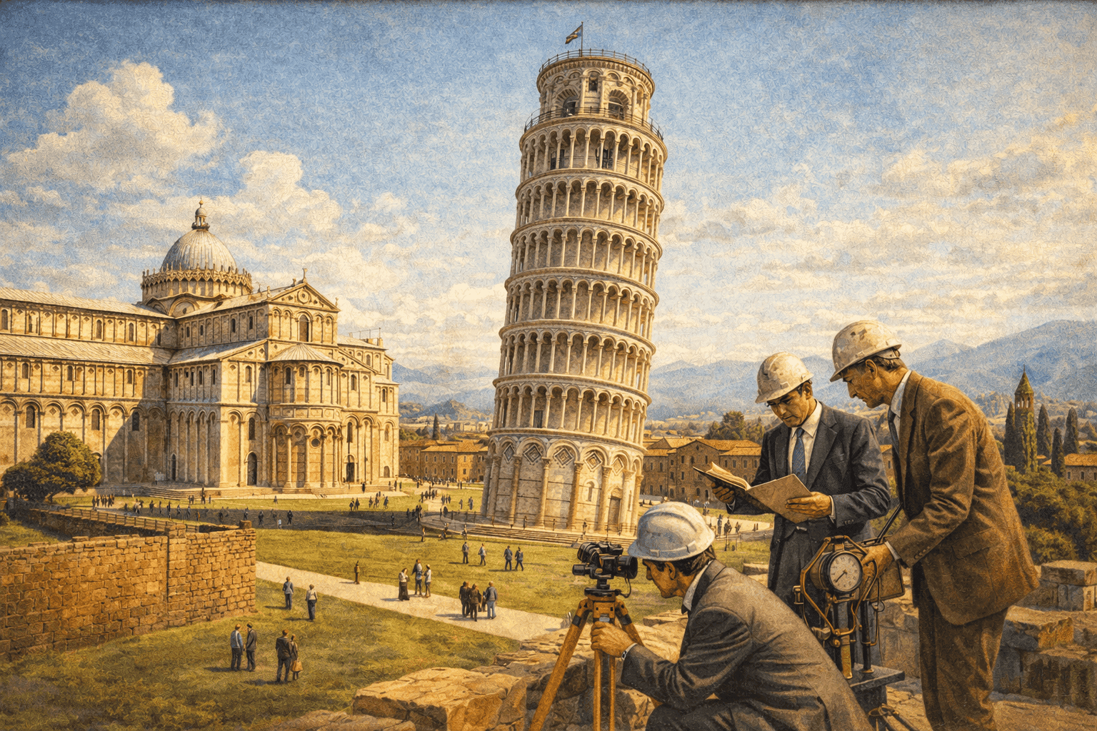 Historical illustration of the Leaning Tower of Pisa with Italian Renaissance architecture and engineers examining the structure