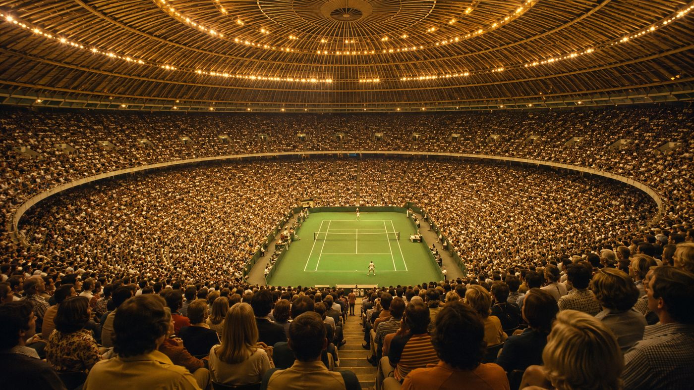 The interior of the Houston Astrodome packed with spectators, the famous domed roof visible above, a tennis court set up on the arena floor below