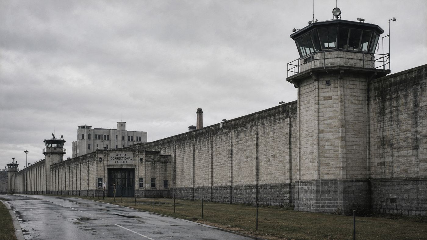 The exterior walls of a large state correctional facility in upstate New York, stone walls and guard towers visible against a gray autumn sky