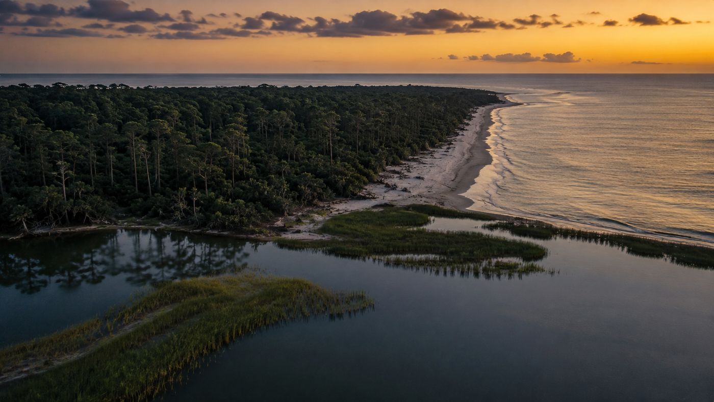 A remote barrier island off the North Carolina coast at dusk, maritime forest and sand visible along the shore, the ocean stretching to the horizon
