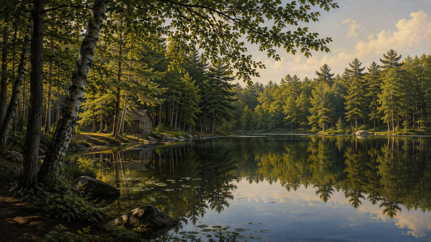 A still New England pond in late summer, surrounded by pine and birch trees reflected in the calm water, a small cabin visible at the tree line