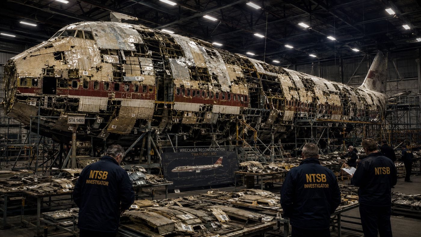 Investigators examining the reconstructed fuselage of TWA Flight 800 in a large hangar, wreckage pieced together around a central frame