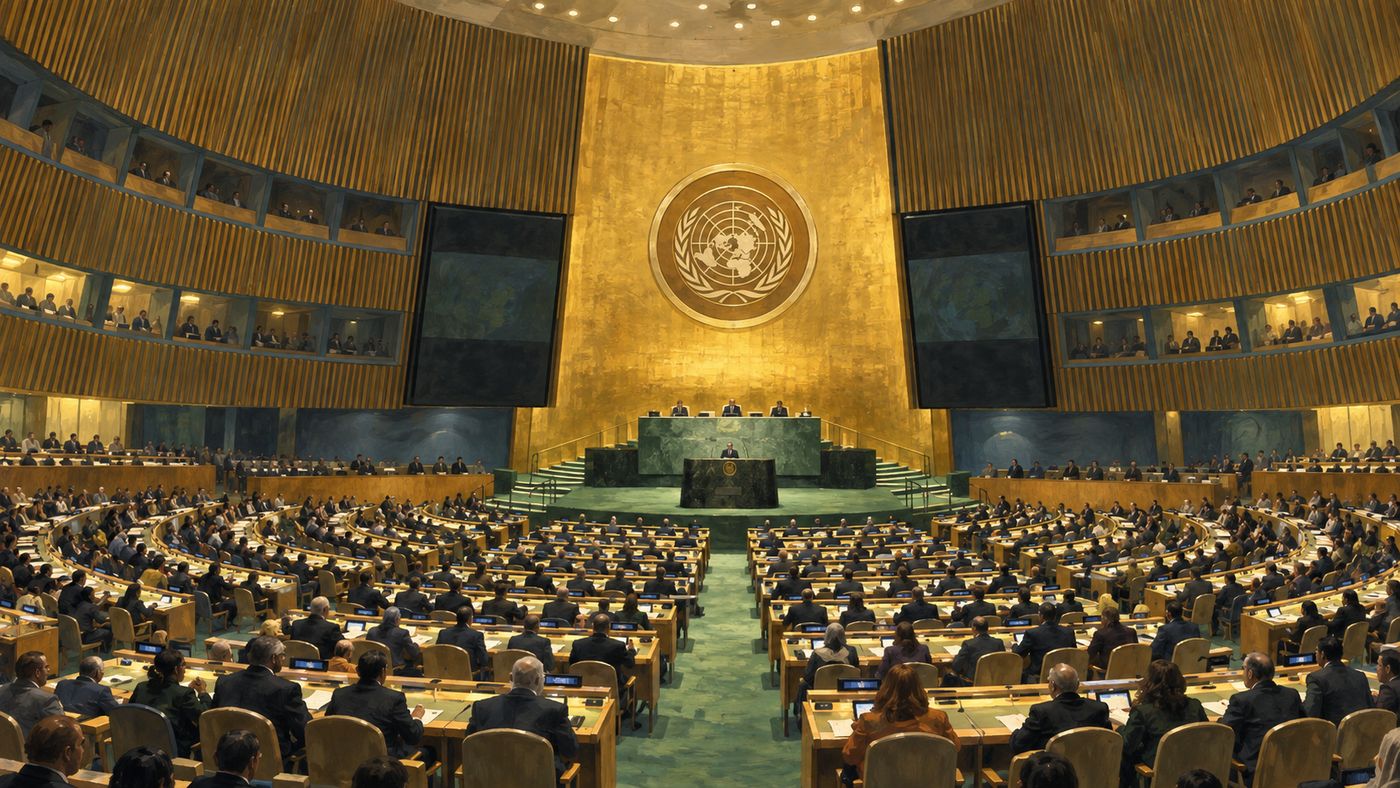 A painterly illustration of the United Nations General Assembly hall — a vast circular chamber with tiered seating for delegates from around the world, the UN emblem visible at the front, soft overhead lighting illuminating the room