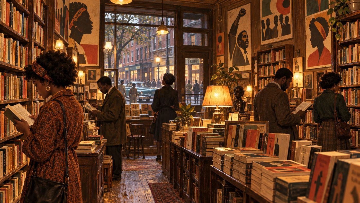 A painterly illustration of a 1960s urban street corner bookshop — a small independent store with books displayed in the window, a few customers browsing, the street outside reflecting the energy of a city in the middle of a civil rights era