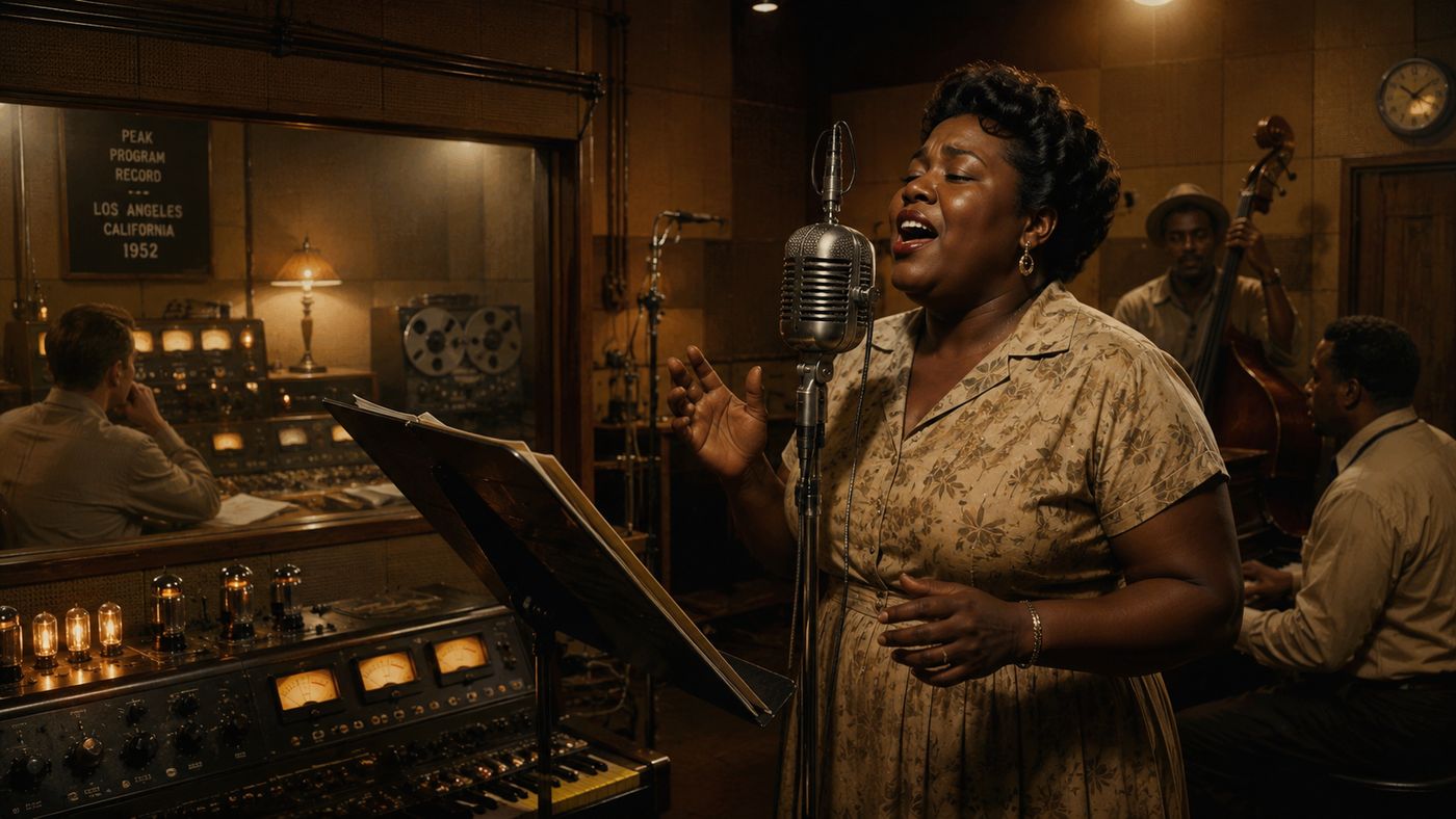 A 1950s Los Angeles recording studio interior, a microphone in a vocal booth, warm tubes and recording equipment glowing in the low amber light
