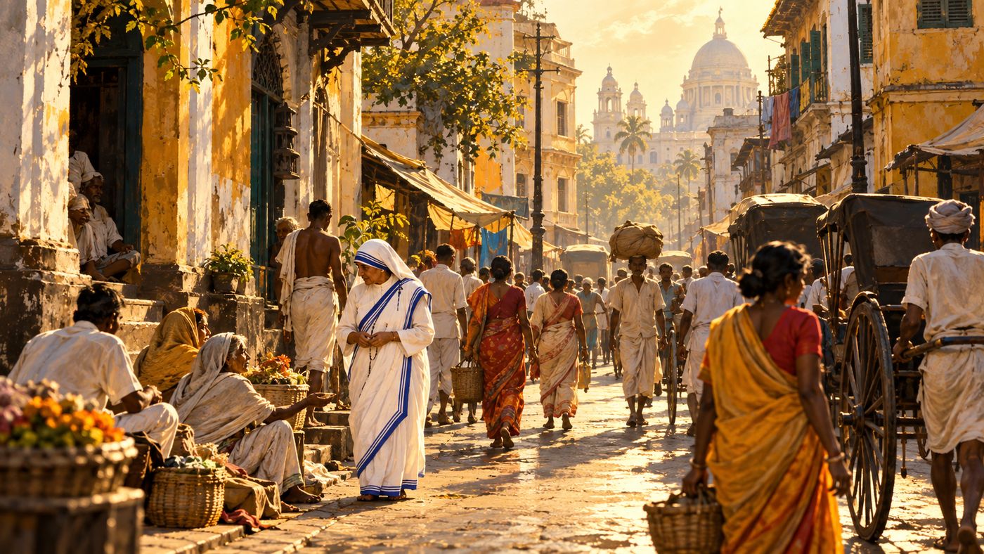 A painterly illustration of a narrow Calcutta street in the mid-20th century — modest whitewashed buildings lining a crowded lane, figures in saris and simple dress going about daily life, warm golden light falling across the scene