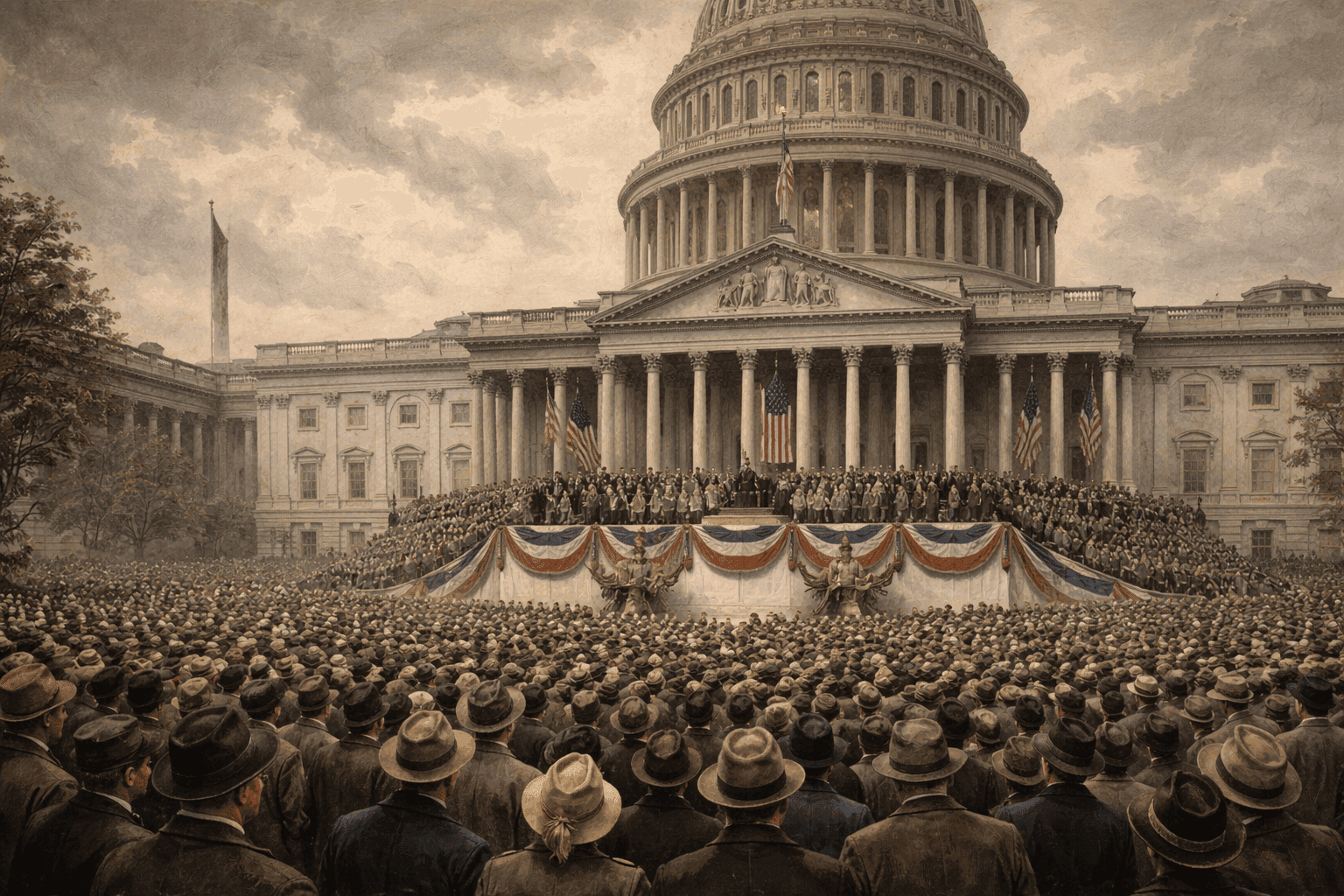 Historical illustration of 1930s U.S. Capitol with crowds gathered for Depression-era inauguration