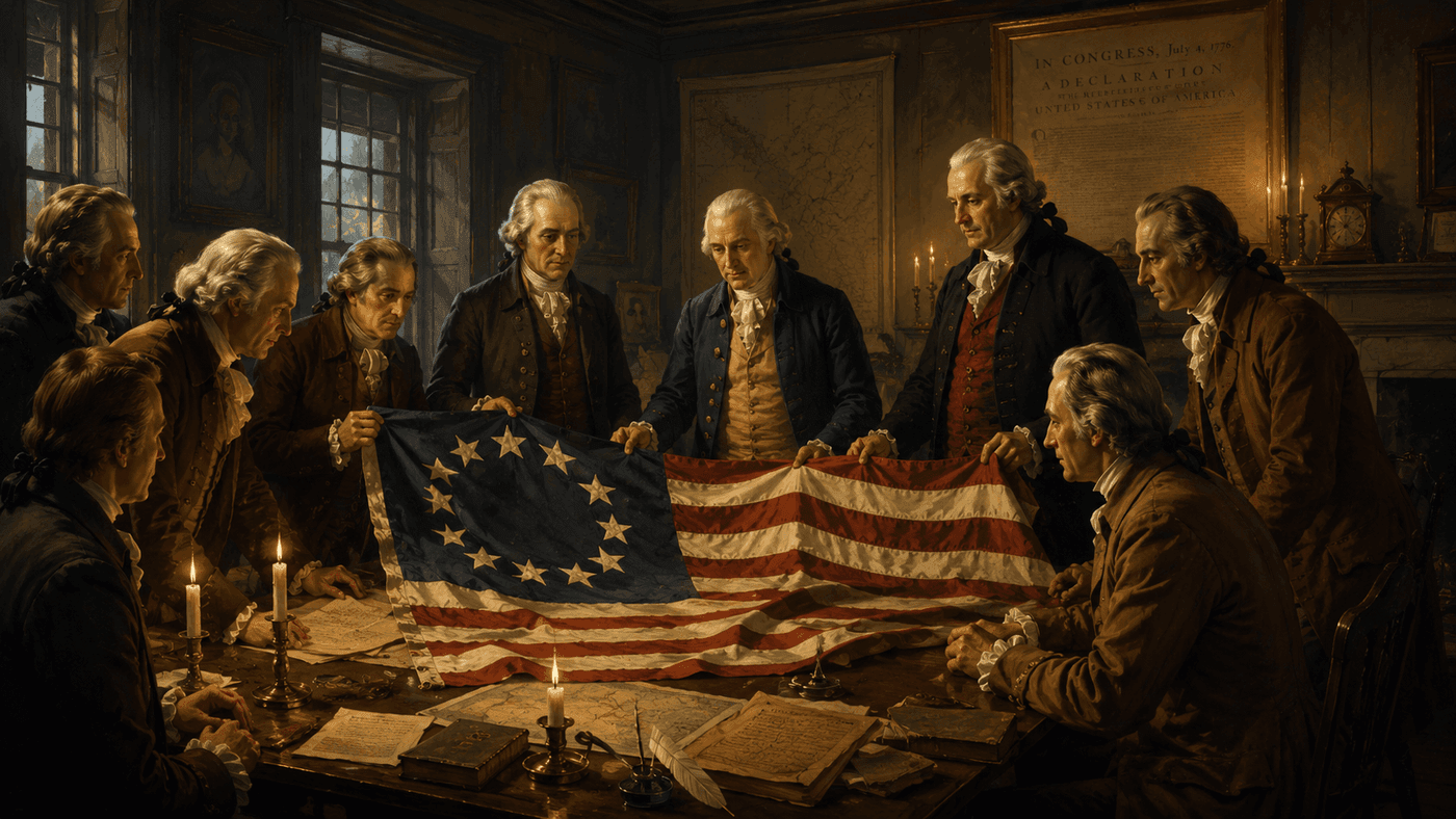 Early American flag with thirteen stars and stripes displayed in a colonial setting