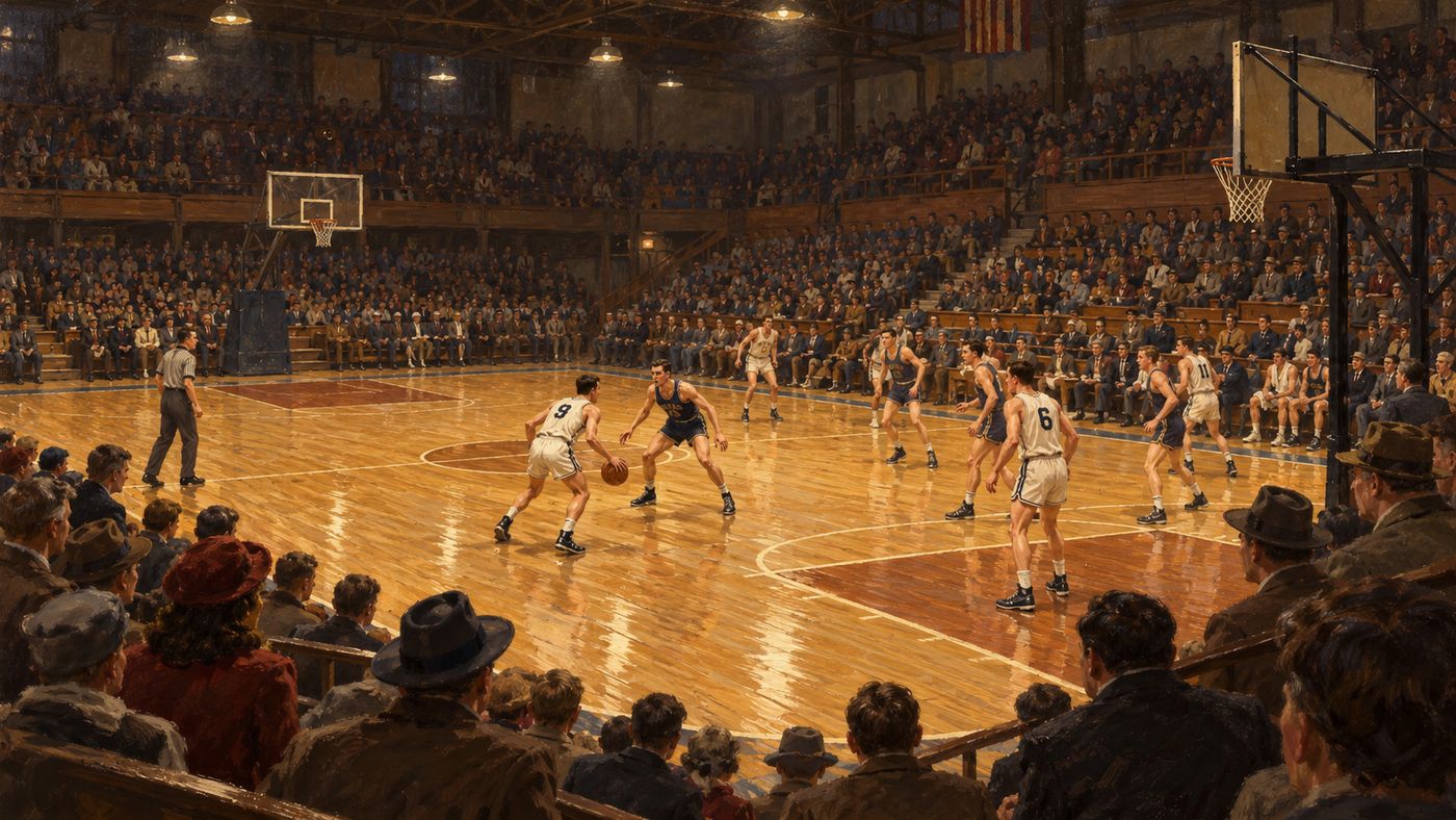A painterly illustration of a 1940s sports arena interior converted for basketball — wooden bleachers surrounding a hardwood court, modest overhead lighting, a sparse but enthusiastic crowd in period dress, the intimate atmosphere of early professional basketball