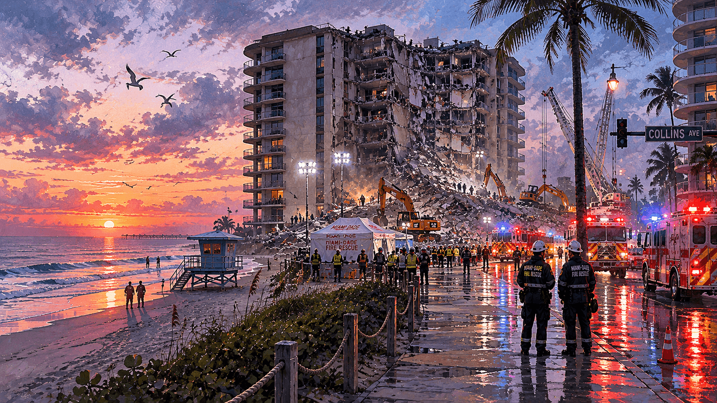 A beachfront Florida skyline at dawn with rescue workers and emergency vehicles visible in the foreground