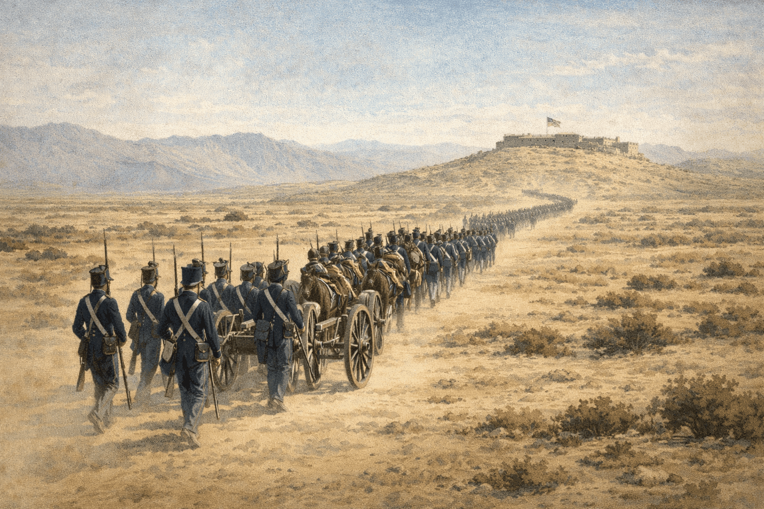 American soldiers and artillery advancing across a dusty Mexican landscape toward a fortified hilltop in 1847
